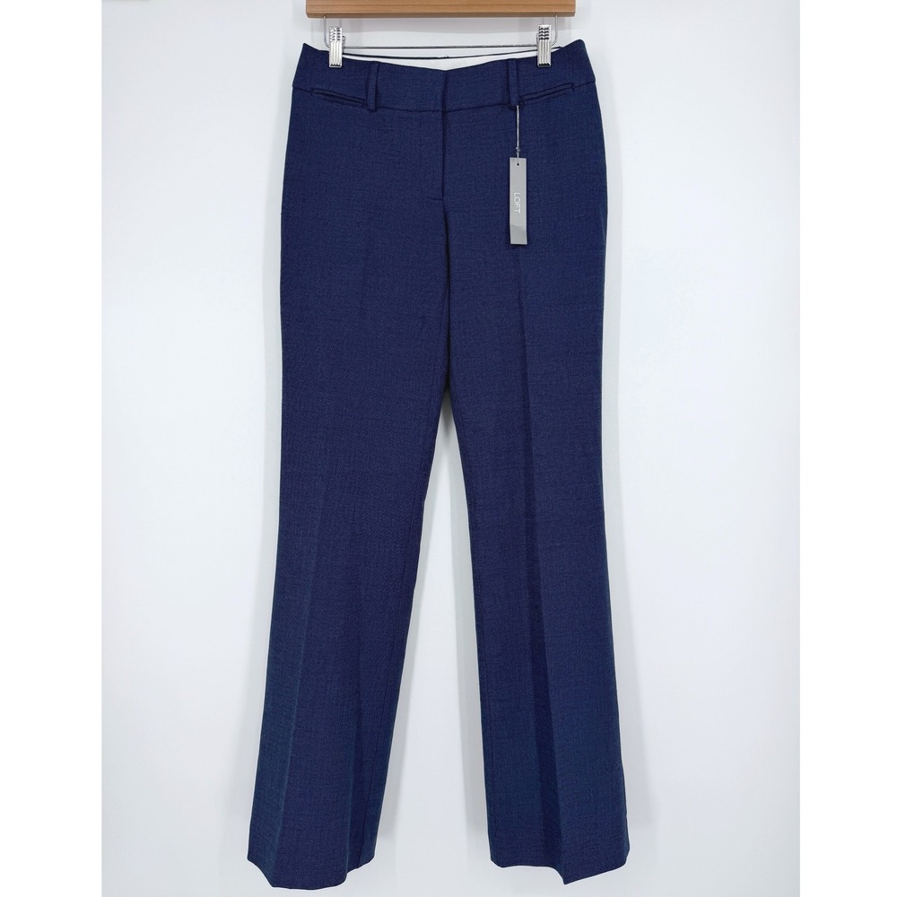New LOFT Women Navy Blue Julie Trouser Textured Linen Blend Sz 4 Tall Career